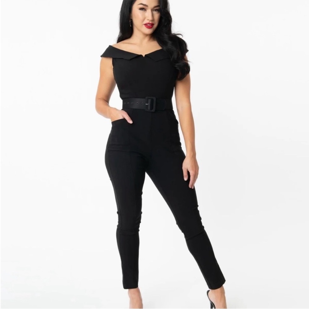 Unique Vintage Black Belted Jumpsuit